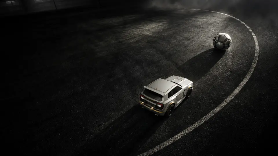 Fennec concept artwork: a white hatchback lines up the ball on dark turf.