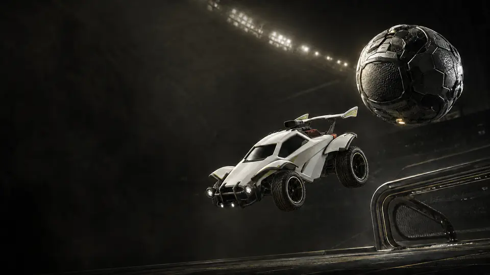 Octane concept artwork: a white Octane floats beside the ball in a floodlit arena.